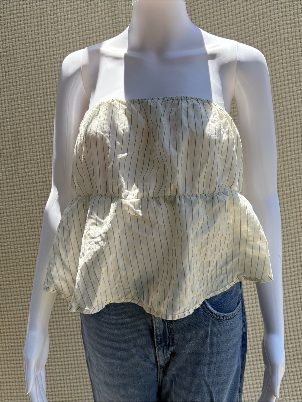 Reformation Coquette Light Blue and White Pinstriped Tube Top Blouse